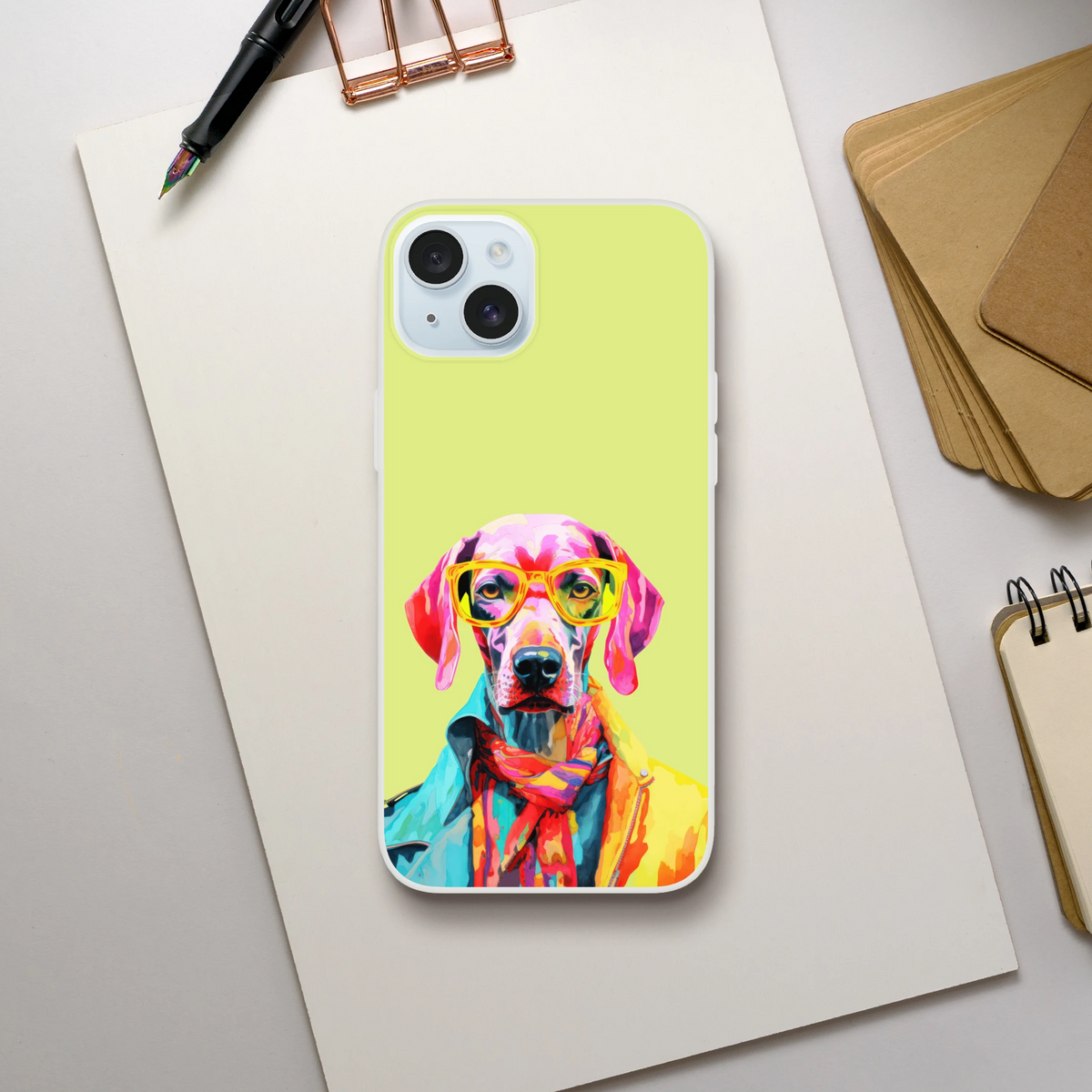 Funny dog aesthetic iPhone case for 13-16, lime green with colorful sunglasses-wearing pup.