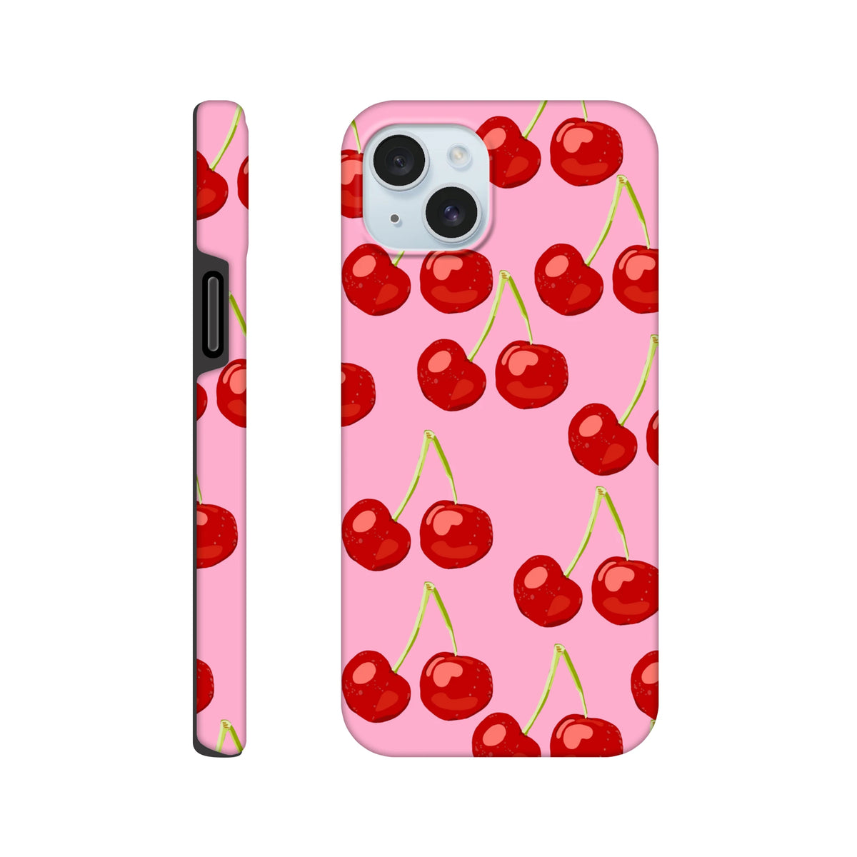 Pink iPhone case featuring a seamless wraparound print of cute red cherries with green stems on a vibrant pink background.