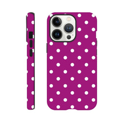 Purple and white polka dot tough iPhone case offering playful aesthetics and rugged TPU defense for iPhone 13 through 16.