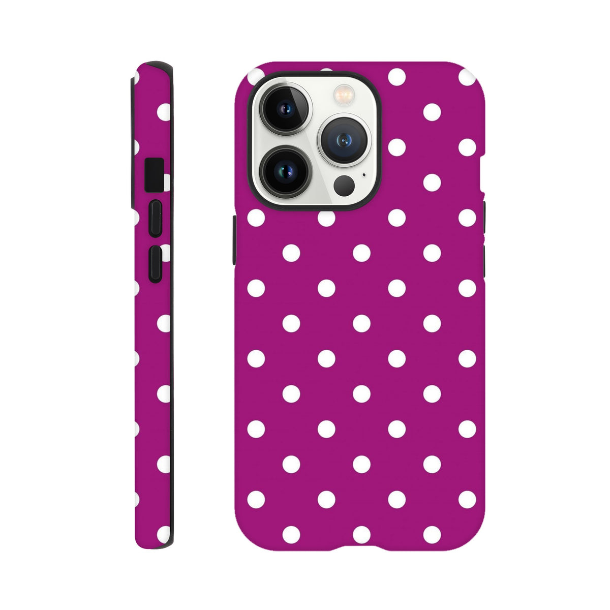 Purple and white polka dot tough iPhone case offering playful aesthetics and rugged TPU defense for iPhone 13 through 16.