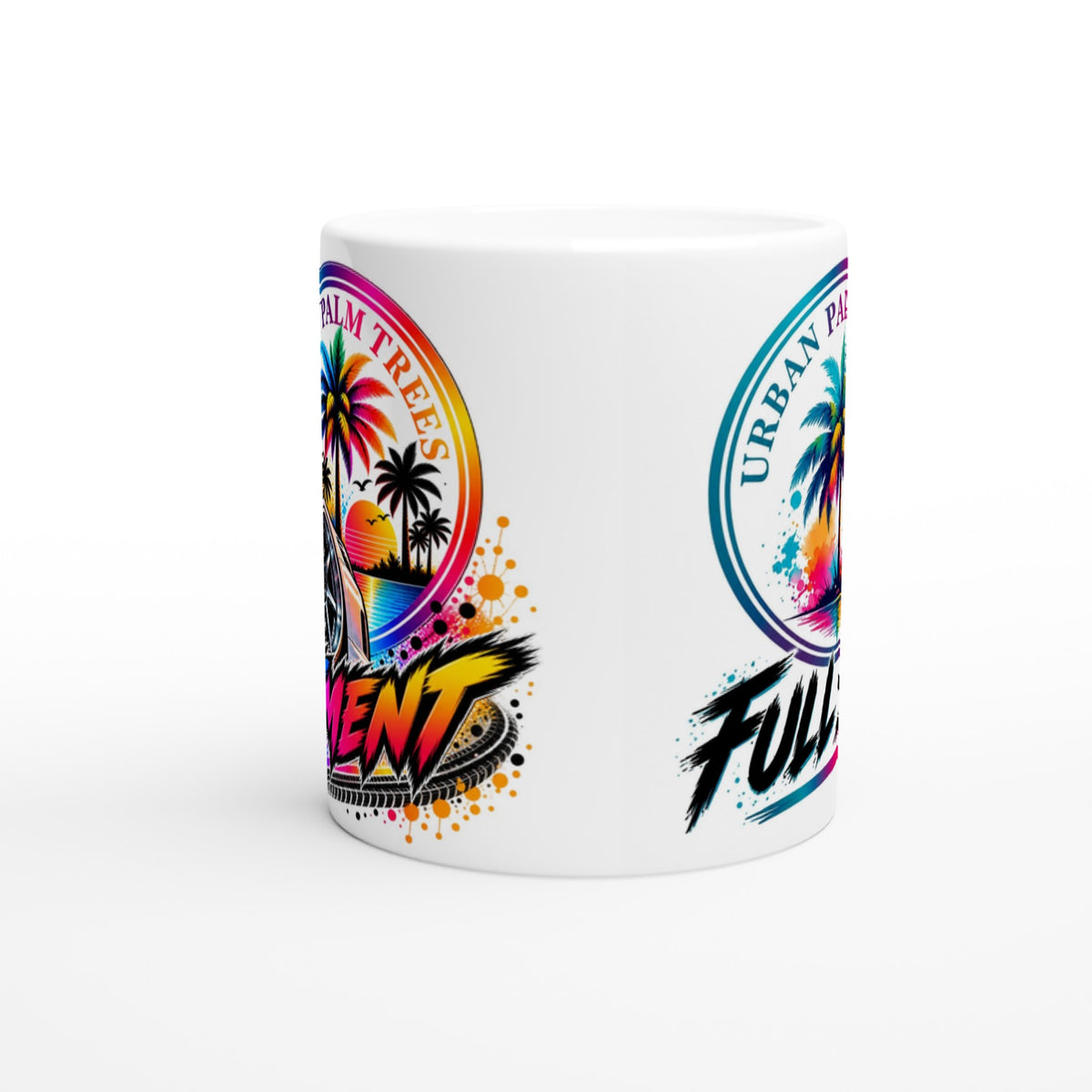 White petrolhead mug featuring colorful tropical sunset design with palm trees and stylized car graphics for car enthusiasts.