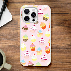 Pastel pink cupcake-pattern iPhone case for 13-16, slim matte cover with cute sweet-treat design.
