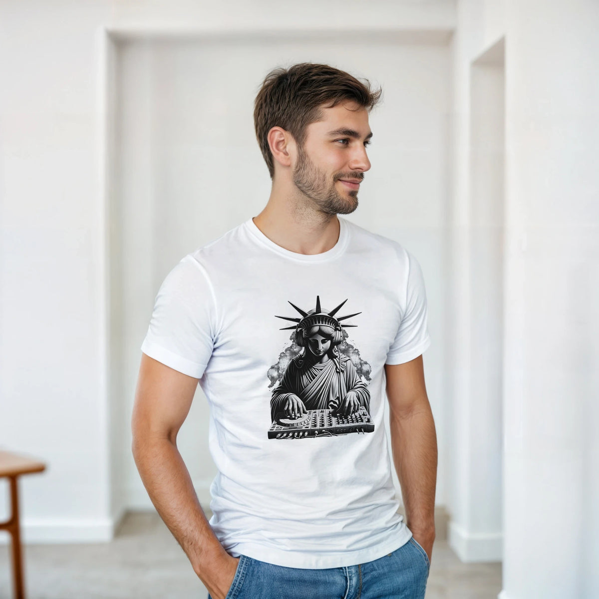 Man wearing white t-shirt with black graphic of Statue of Liberty DJing at a turntable mixer.