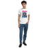 Monkey DJ graphic T-shirt in white with pink and blue retro monkey design; soft cotton blend, short sleeves.