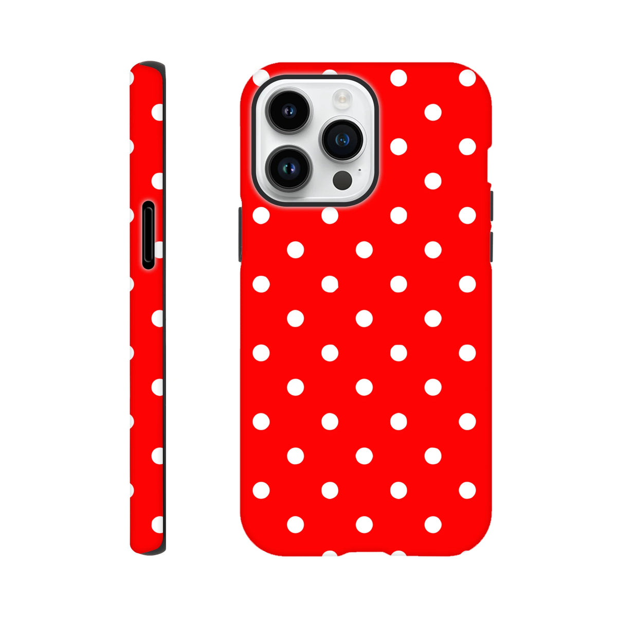 Cute red and white polka dot tough iPhone case covering 13-16. Vintage style dual-layer TPU shell protects corners with a glossy wraparound print.