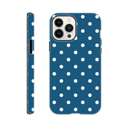 Navy blue iPhone case with white polka dots featuring a round design, glossy finish, and precise cutouts for iPhone 13-16 models.
