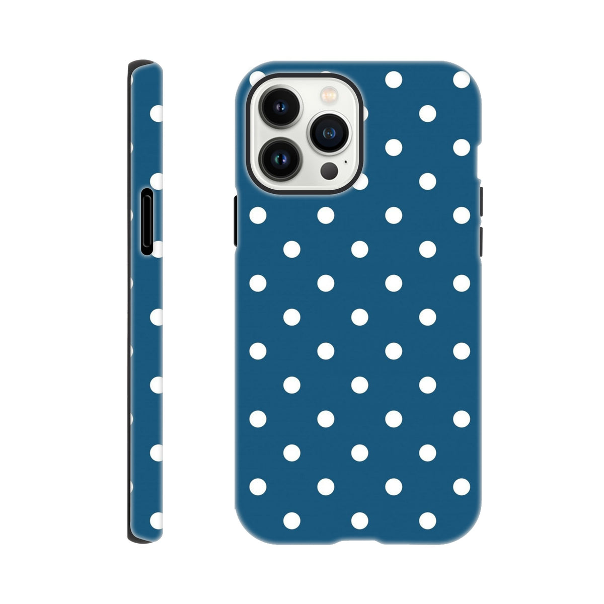 Navy blue iPhone case with white polka dots featuring a round design, glossy finish, and precise cutouts for iPhone 13-16 models.