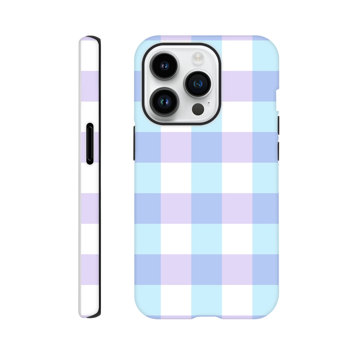 Pastel blue and lavender gingham tough iPhone case with shock-absorbing checkered cover for models 13-16.