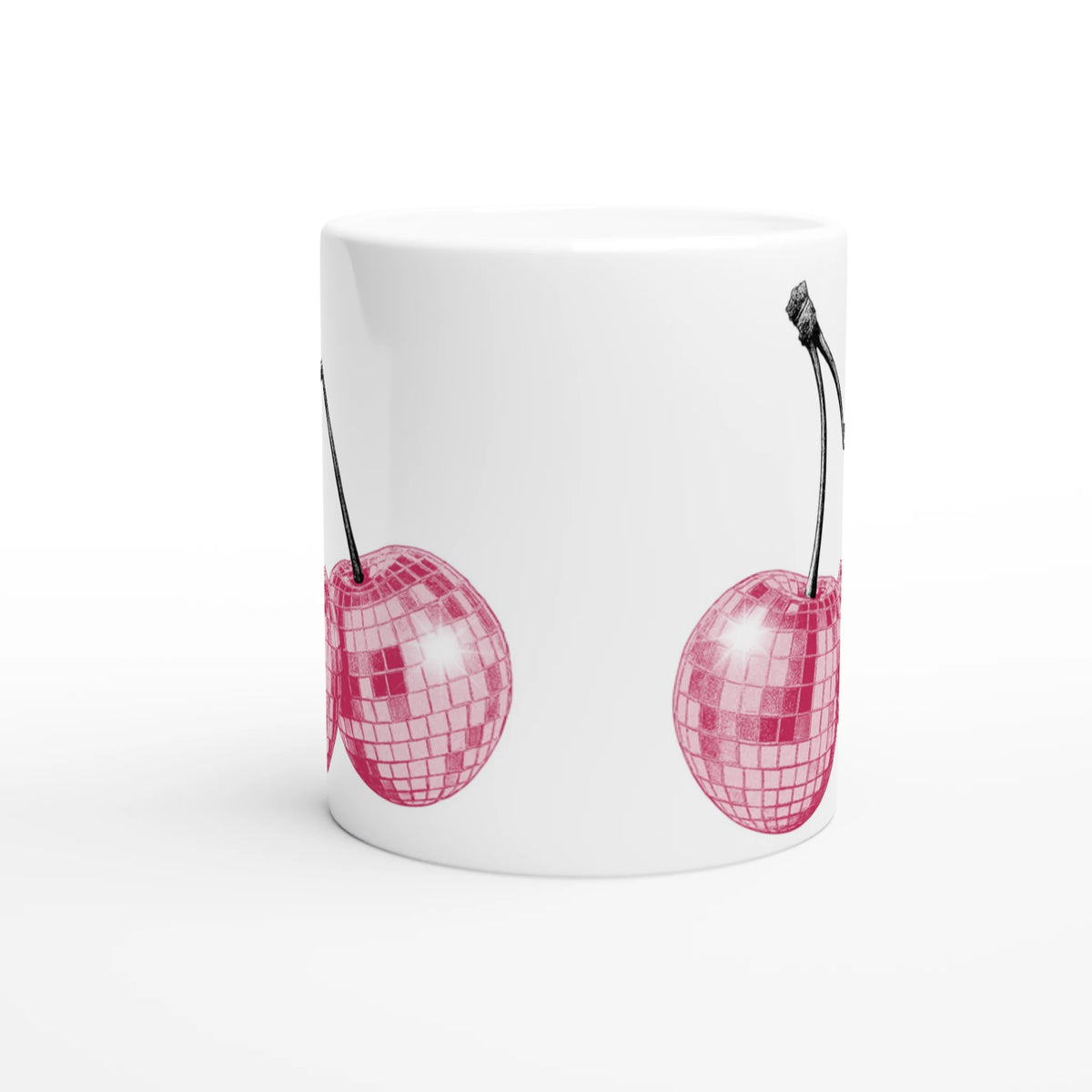 White ceramic coffee mug with a pink glitter cherry motif in retro aesthetic style.