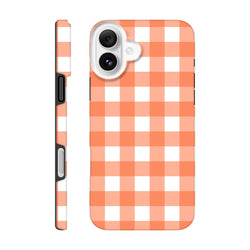 Orange gingham tough iPhone case featuring retro checkered pattern with shock-absorbing design for models 13-16.