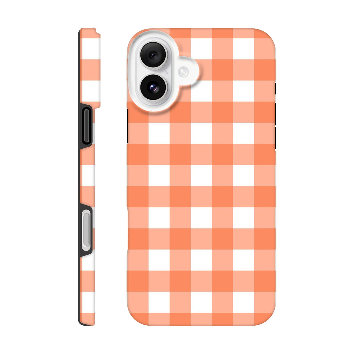 Orange gingham tough iPhone case featuring retro checkered pattern with shock-absorbing design for models 13-16.