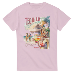 Pink women's t-shirt featuring a retro Tequila Sunrise graphic with a beachside tiki bar, cocktail, and palm tree illustration.