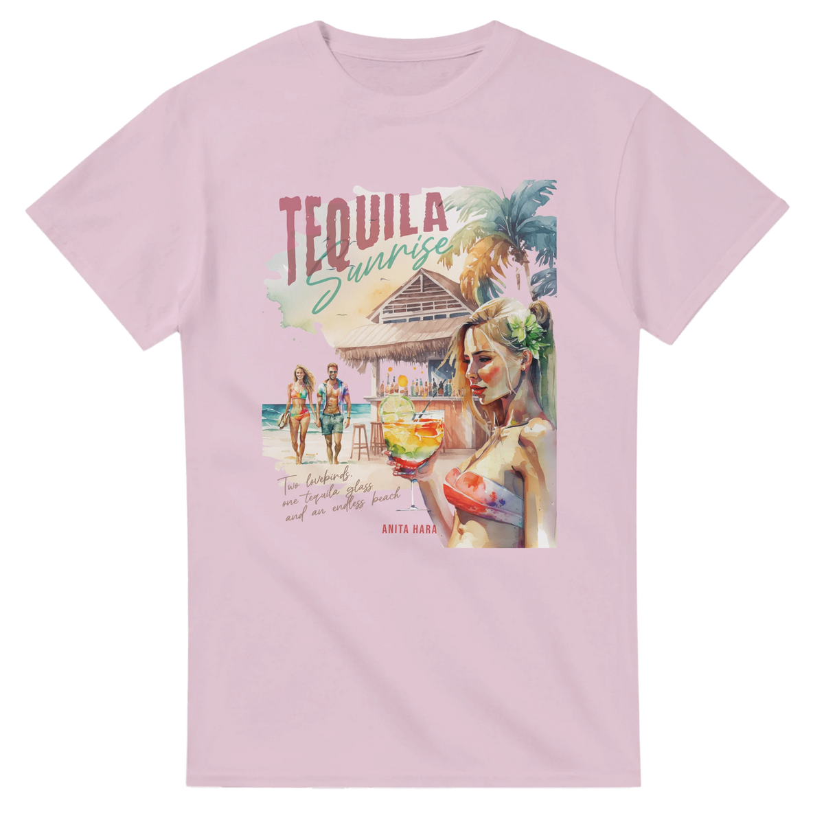 Pink women's t-shirt featuring a retro Tequila Sunrise graphic with a beachside tiki bar, cocktail, and palm tree illustration.