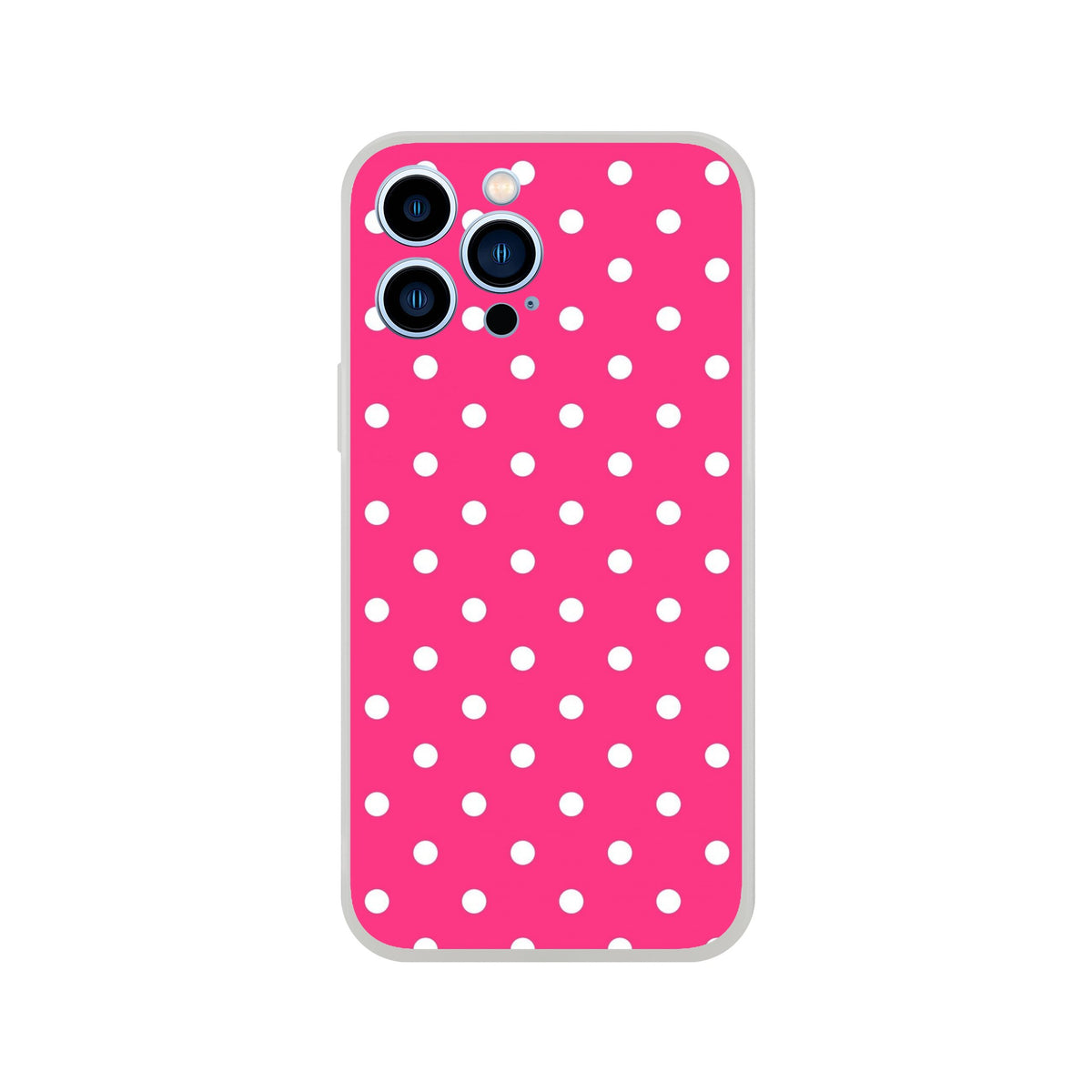 Retro hot pink iPhone case with white polka dots and matte finish, designed for drop protection on iPhone 13-16 models.
