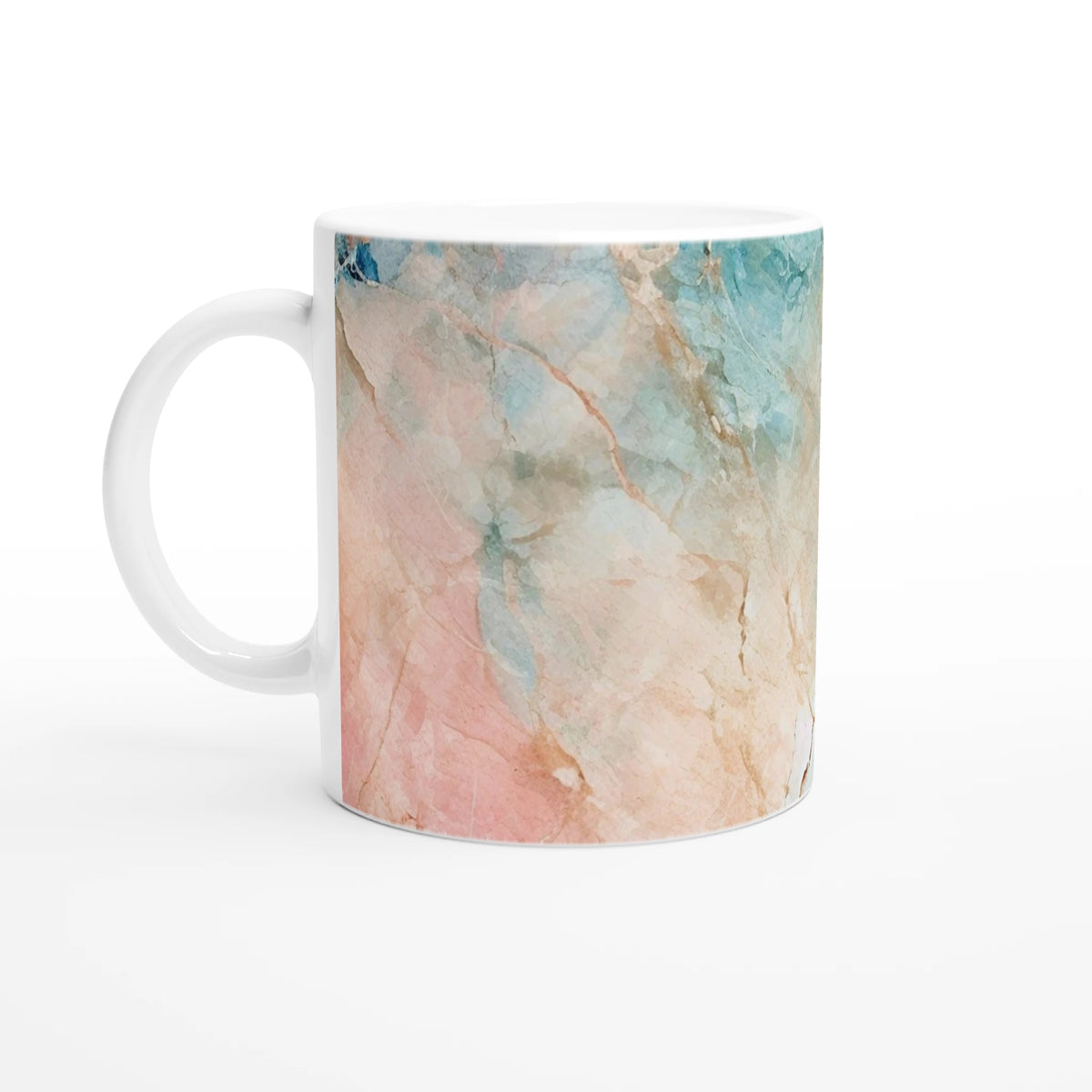 Pastel Marble Mug in peach and aqua — abstract ceramic coffee cup.
