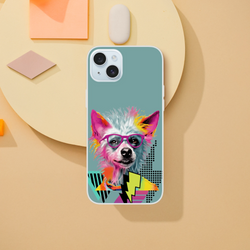 Teal iPhone case 13-16 with a colorful dog portrait wearing pink glasses; retro dog aesthetic.
