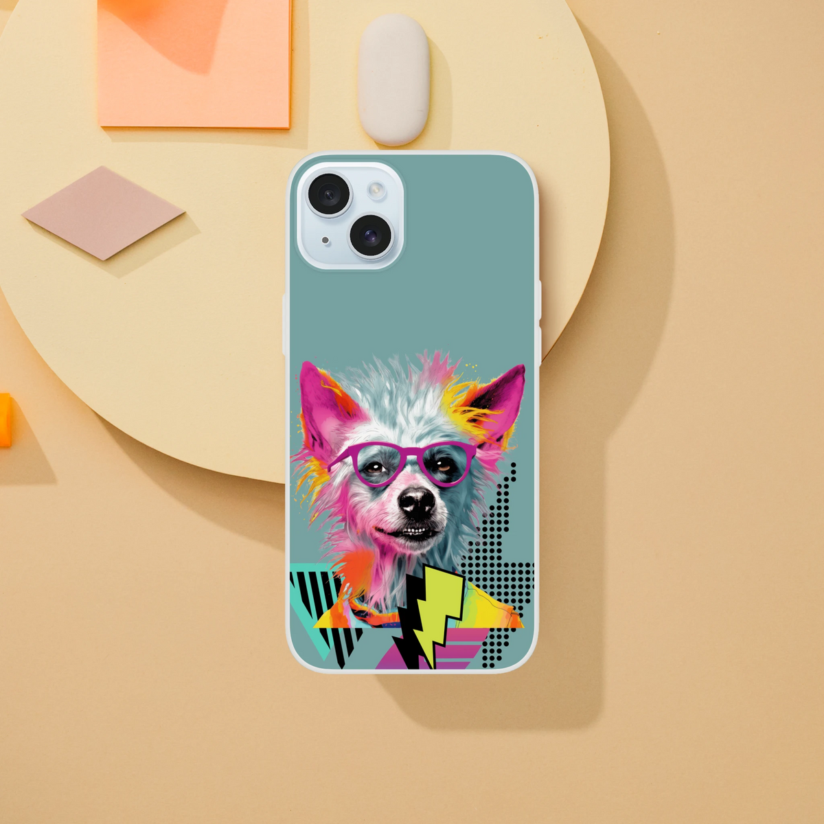 Teal iPhone case 13-16 with a colorful dog portrait wearing pink glasses; retro dog aesthetic.