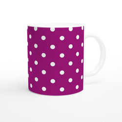 Purple and white polka dot ceramic mug with a retro spotty design, perfect for daily coffee or tea.