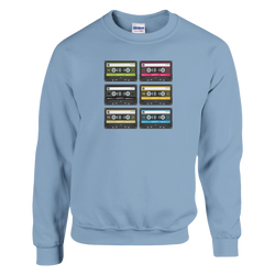 Light blue Vintage 90s Music Graphic Jumper featuring six colorful Retro Cassette Tape illustrations for women.