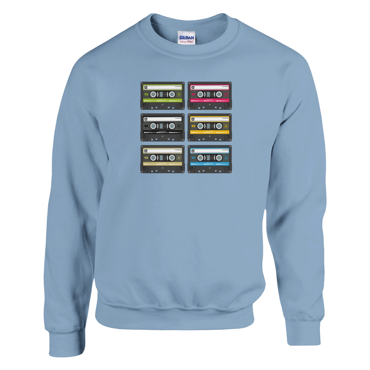Light blue Vintage 90s Music Graphic Jumper featuring six colorful Retro Cassette Tape illustrations for women.