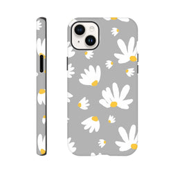 Grey iPhone case featuring a white daisy floral pattern with yellow centers on a utilitarian grey background.