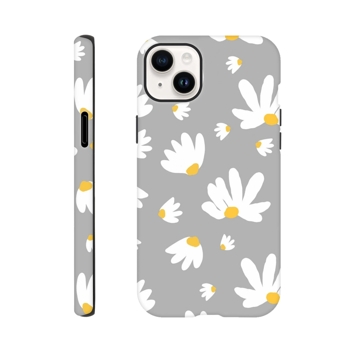 Grey iPhone case featuring a white daisy floral pattern with yellow centers on a utilitarian grey background.