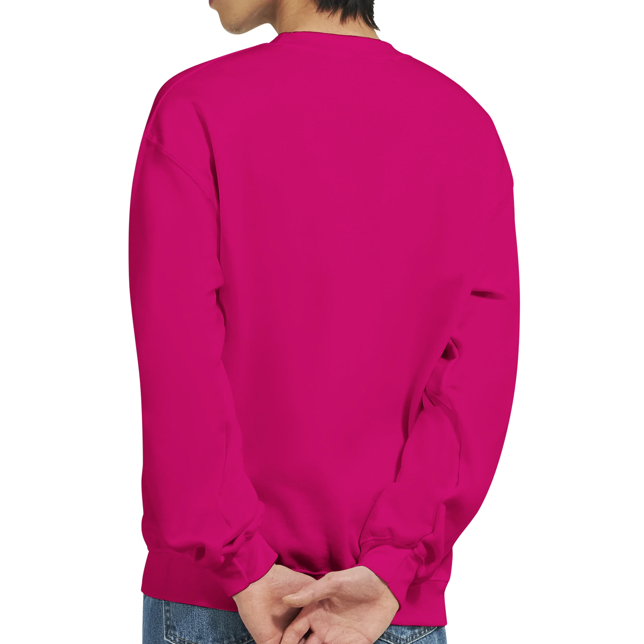 Back view of a person wearing a pink Teddy Bear men's graphic sweatshirt, heavy-weight 50/50 cotton-poly blend.
