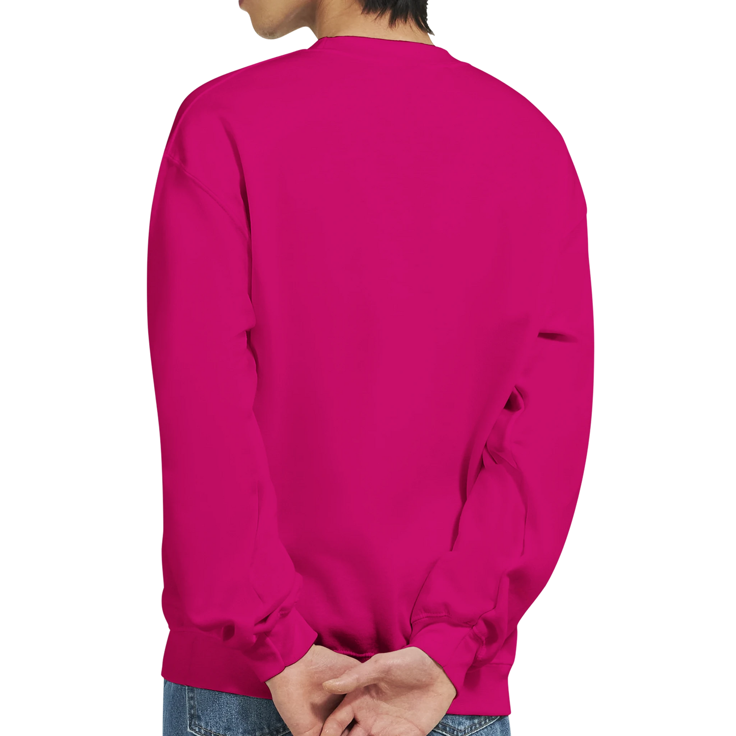 Person wearing a bright pink teddy bear men's graphic sweatshirt on a white background