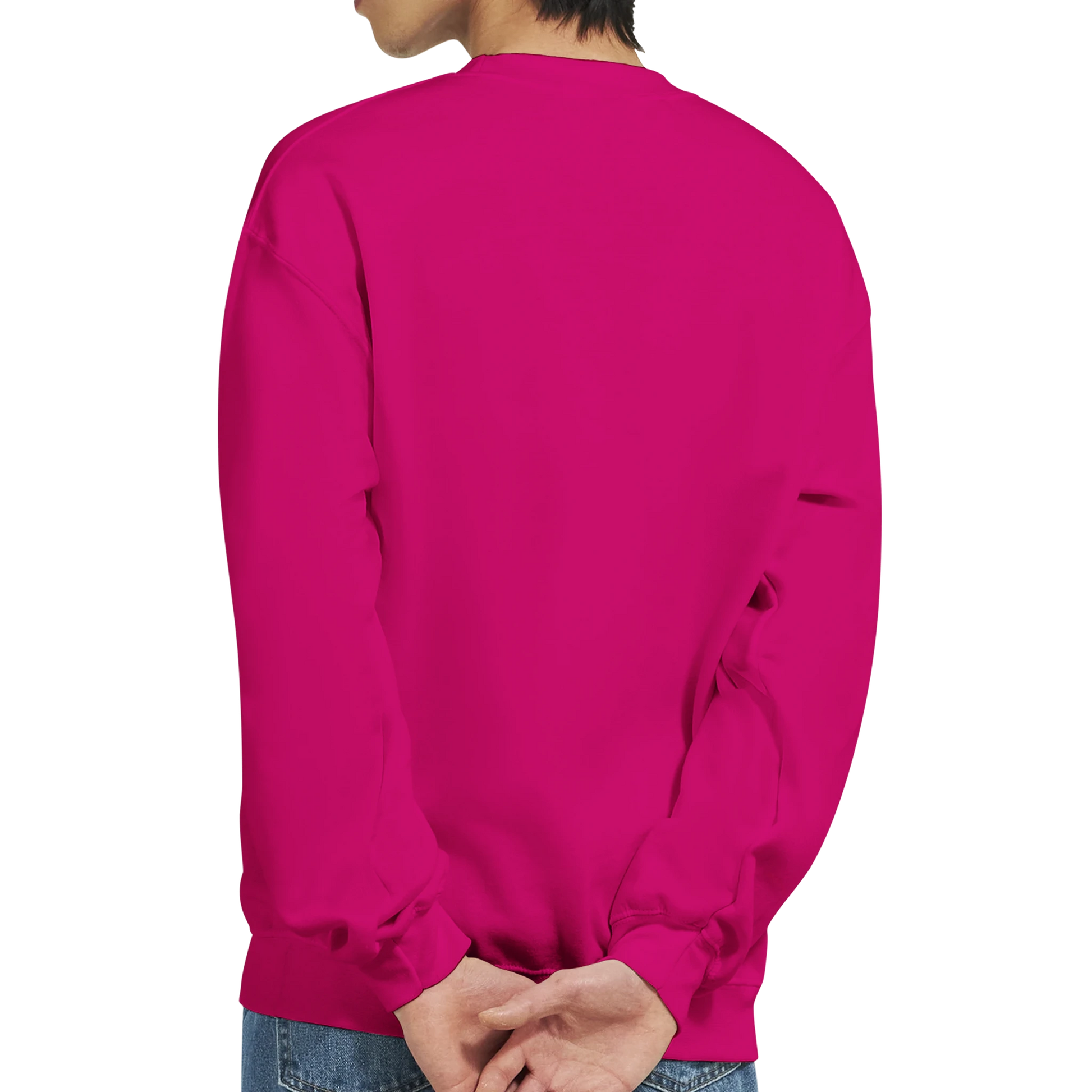 Person wearing a bright pink teddy bear men's graphic sweatshirt on a white background