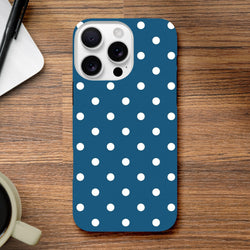 Navy blue and white polka dot tough iPhone case with shock-absorbing TPU and glossy wraparound design for models 13-16.