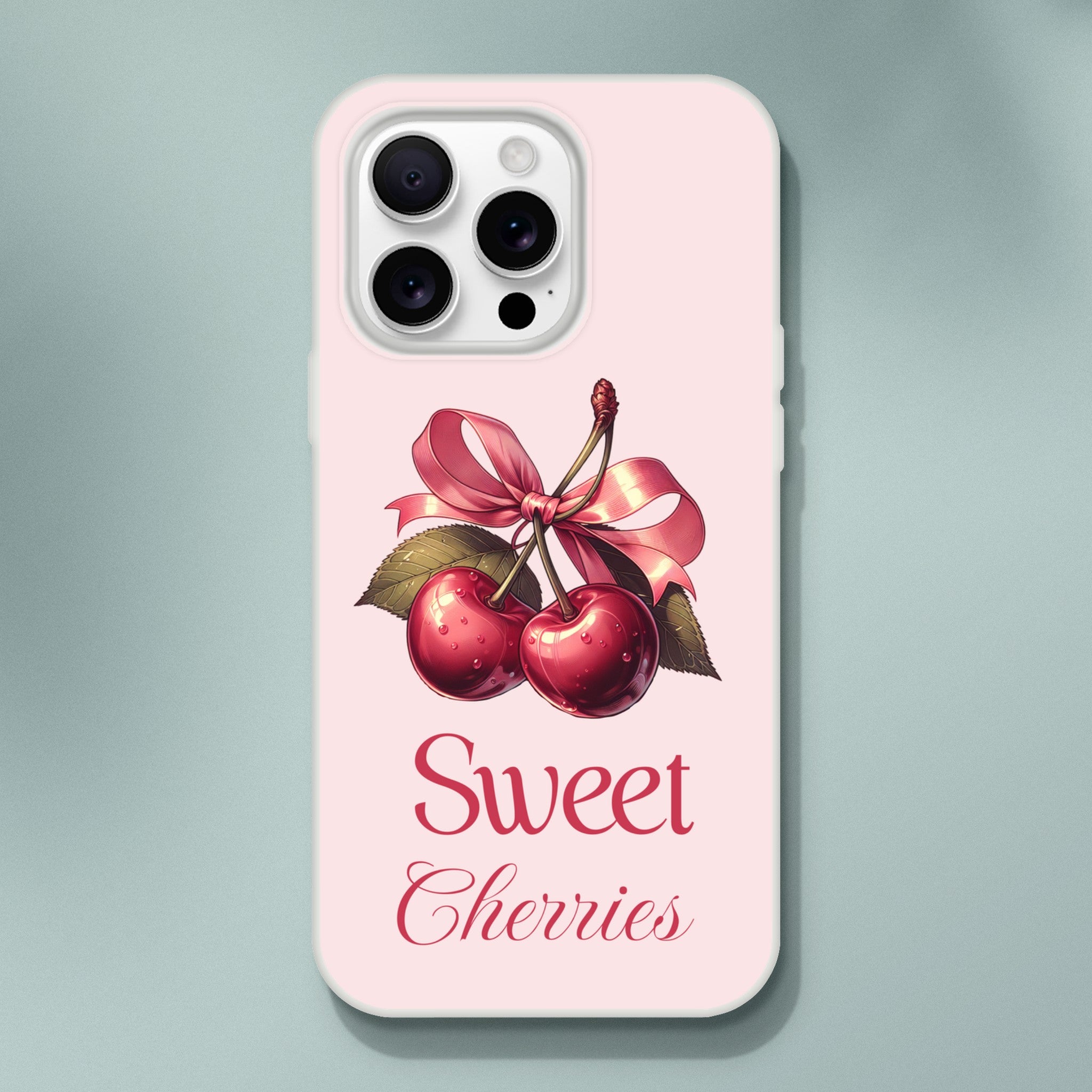 Pink iPhone case with a cherry duo, bow, and 'Sweet Cherries' script, slim protective cover for iPhone 16–13.