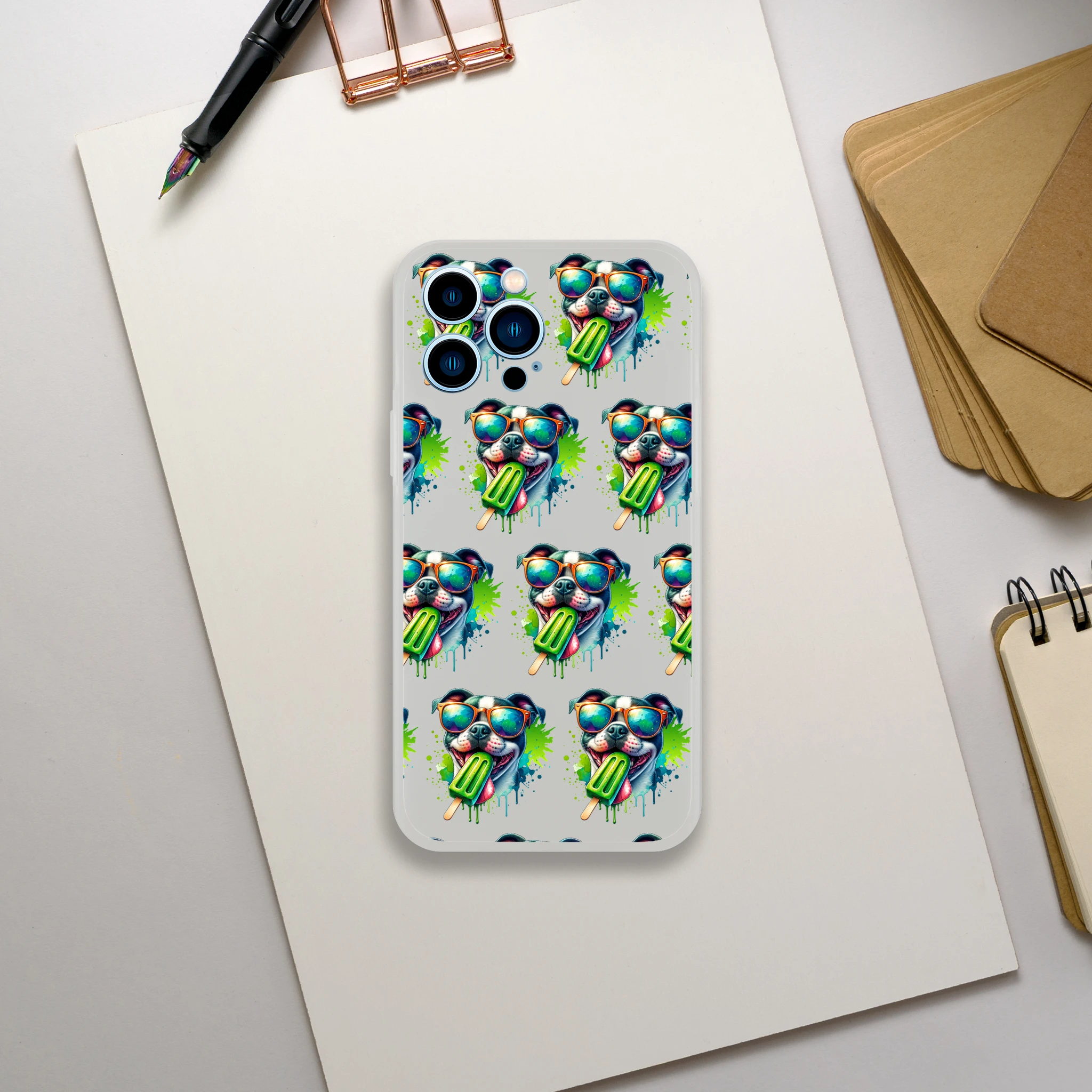 Chill Dog slim transparent protective case with repeating sunglasses bulldogs holding popsicles for iPhone 13-16.