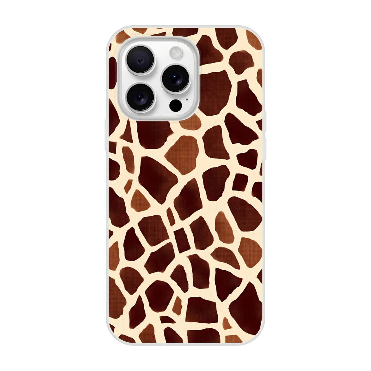 Brown giraffe-print iPhone case for iPhone 13–16, safari design.