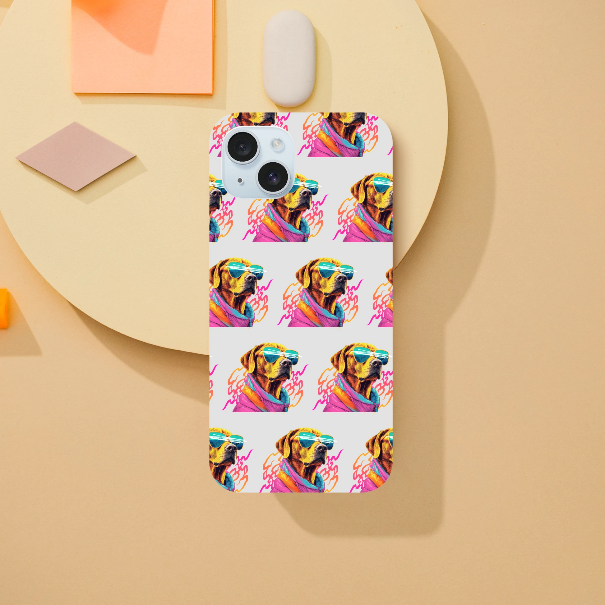 Dual-layer phone case featuring a dog wearing sunglasses and scarf, wraparound print for iPhone 16/15/14/13.