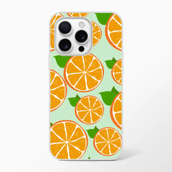 iPhone case featuring orange citrus slices on a mint-green background.