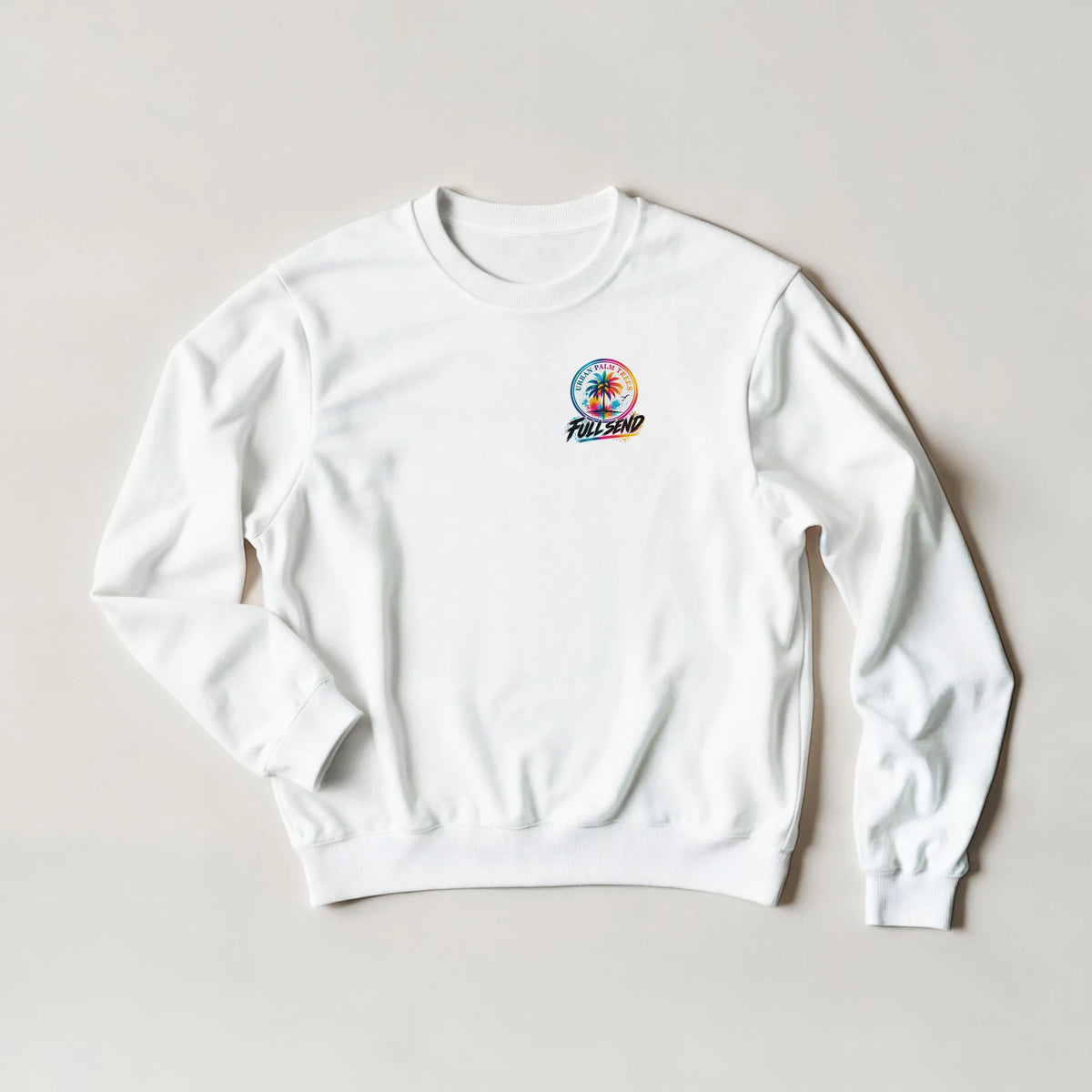 White Full Send Petrolhead Sweatshirt featuring a colorful Urban Palm Trees logo, perfect for modified car culture streetwear.