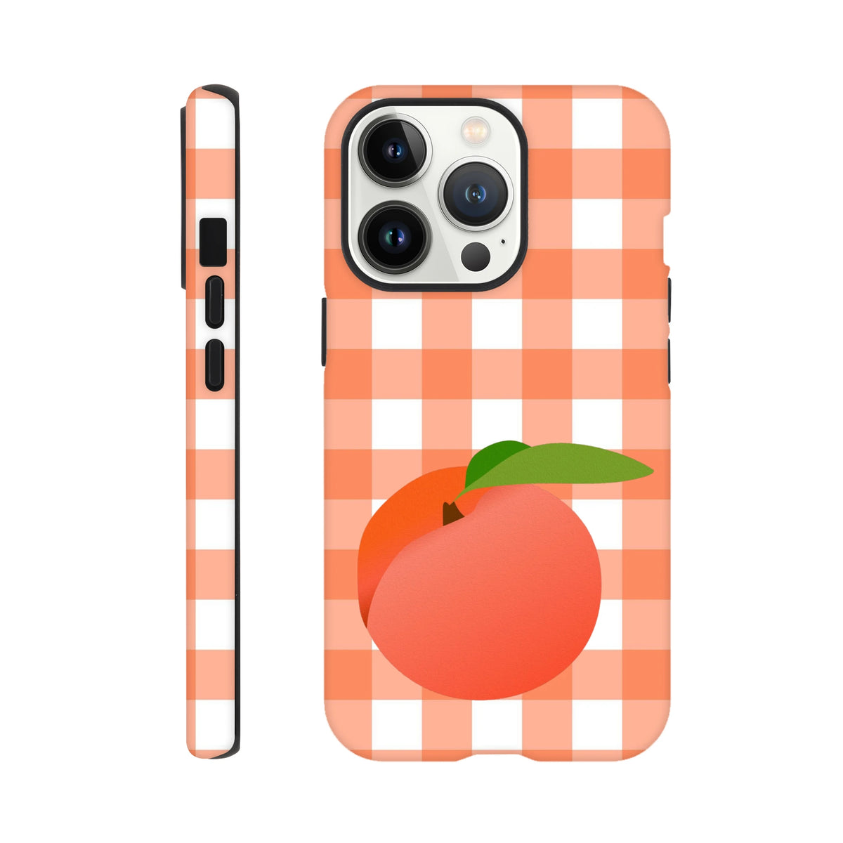 Peach fruit illustration on orange and white gingham iPhone case with retro checkered pattern and tough protective design.