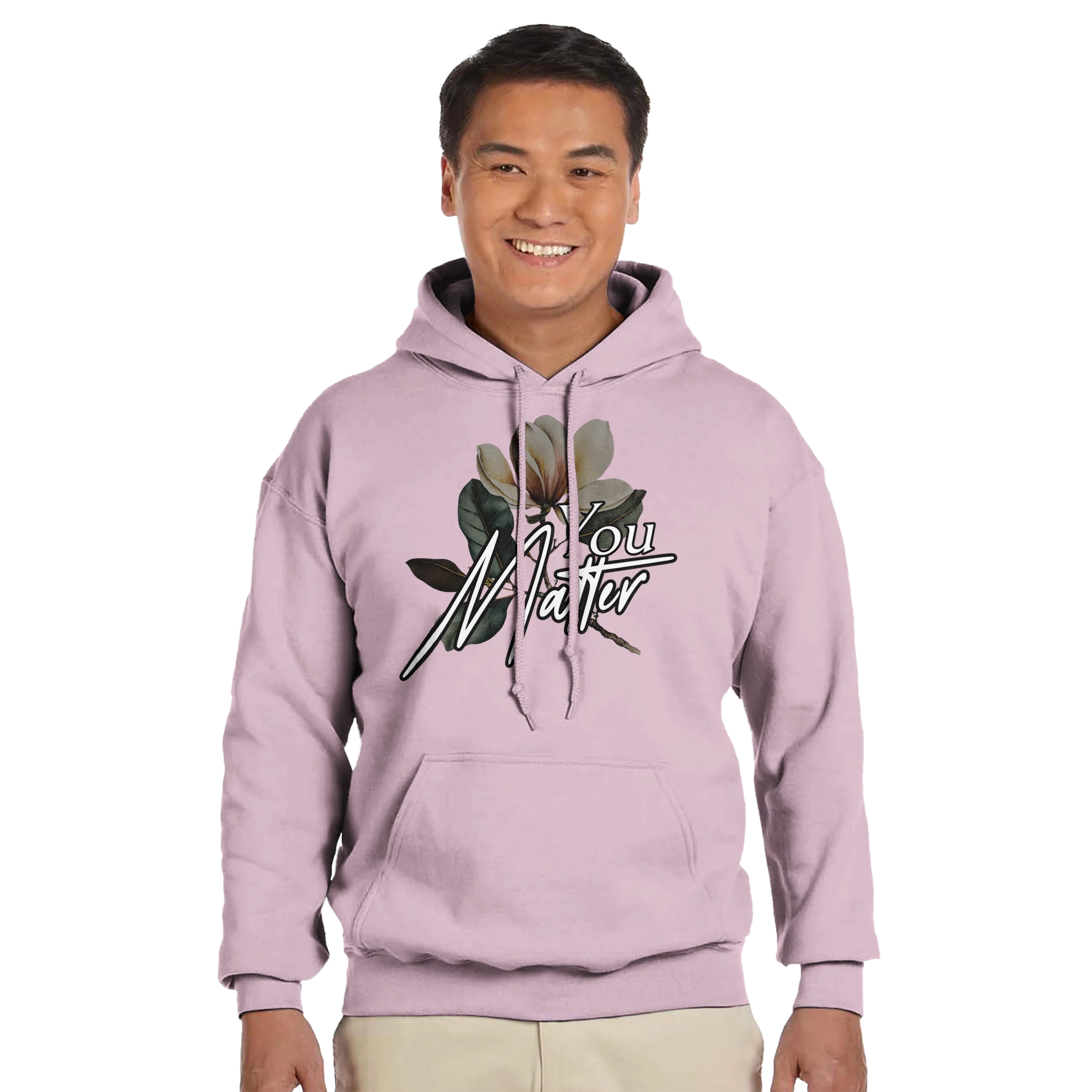 You Matter slogan men's graphic hoodie in soft 50/50 cotton-poly, double-lined hood, front pocket.