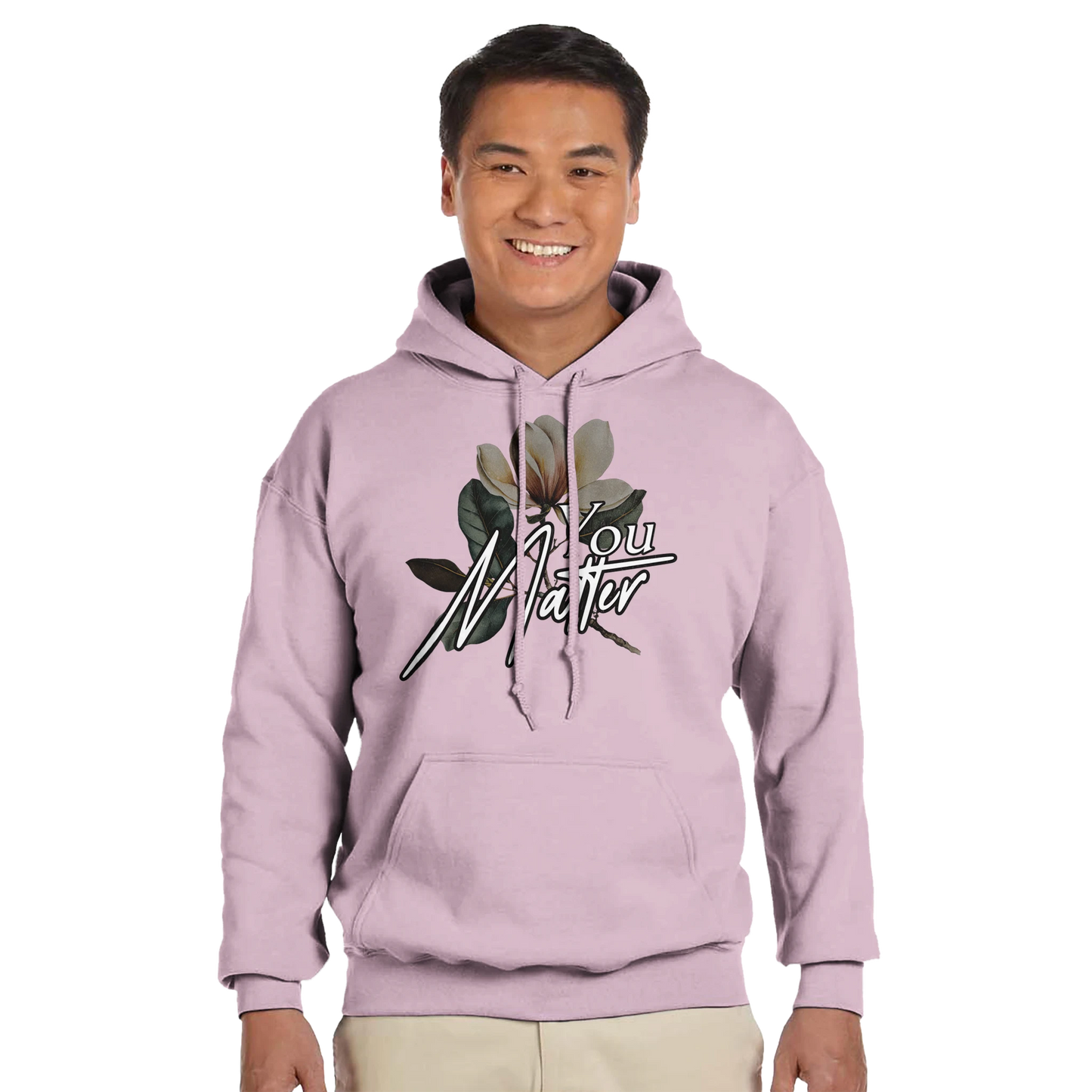 You Matter slogan men's graphic hoodie in soft 50/50 cotton-poly, double-lined hood, front pocket.
