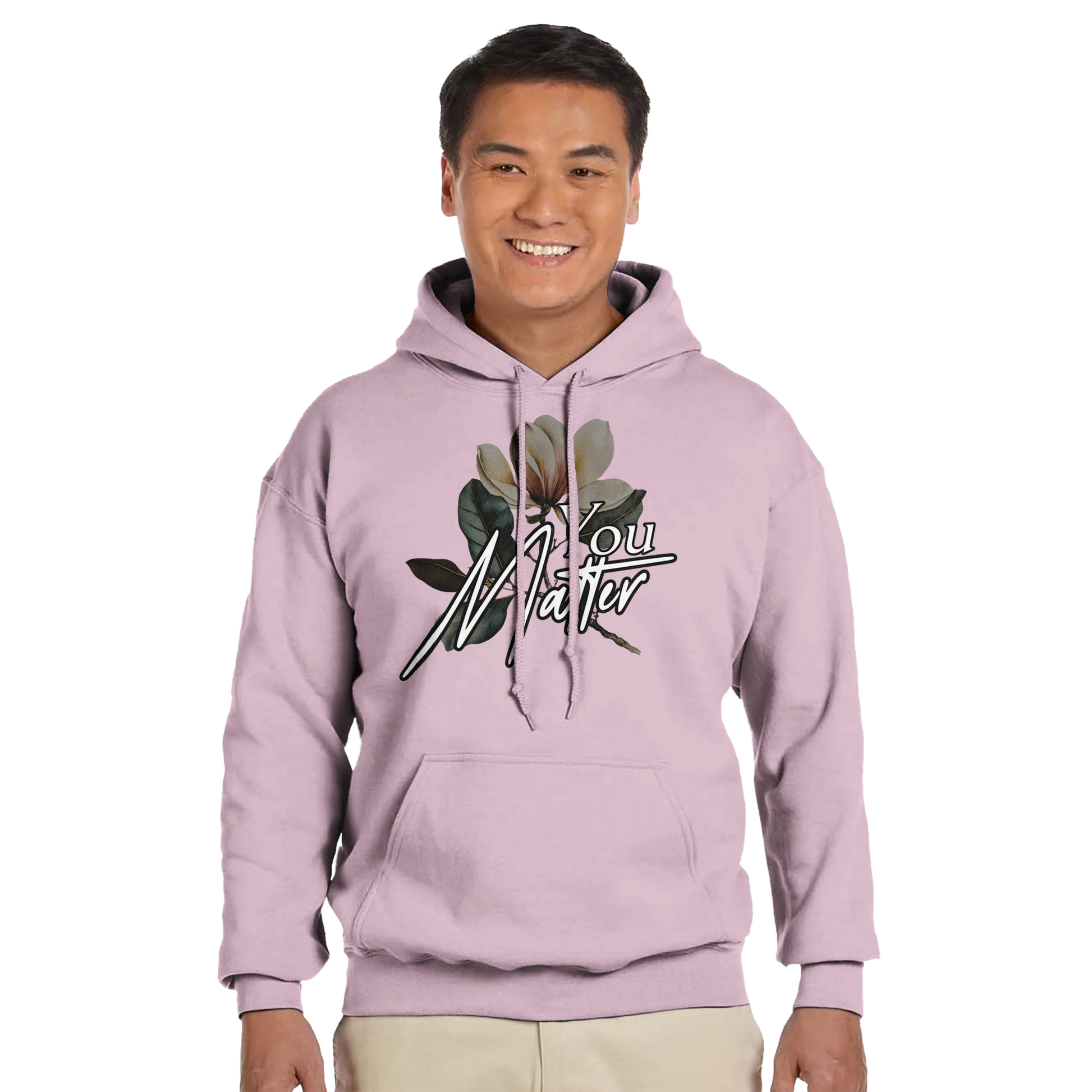 You Matter slogan men's graphic hoodie in soft 50/50 cotton-poly, double-lined hood, front pocket.