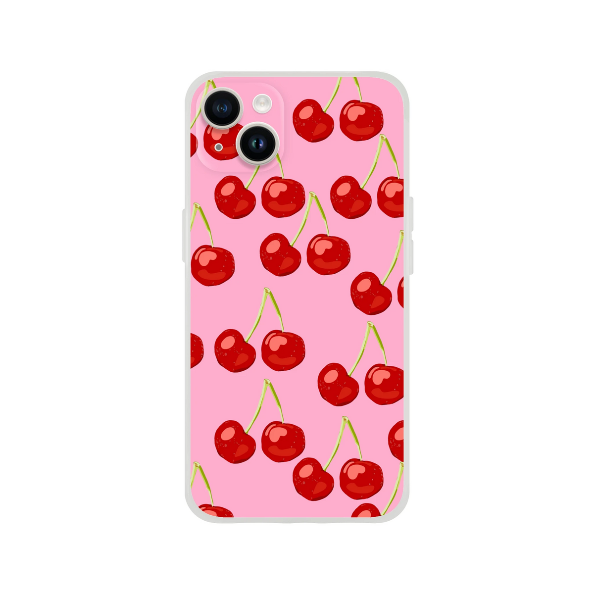 Pink cherry-print iPhone case (13-16) with slim matte shell and shock-absorbing protection.
