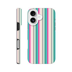 Retro pink aqua vertical stripe tough iPhone case providing street-ready protection and vintage city aesthetic.