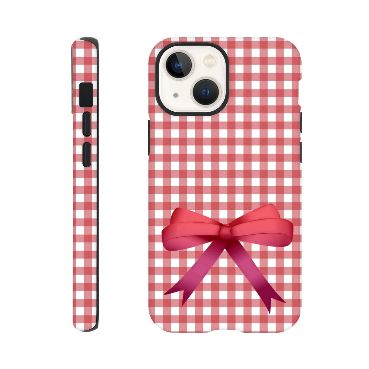 Red gingham iPhone case with a 3D pink bow, tough coquette phone cover for iOS 13-16 devices.