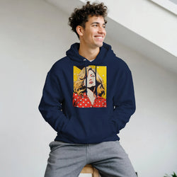 Man wearing navy blue pullover hoodie with retro vintage pop art woman graphic in yellow and red.