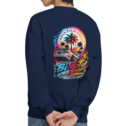 Navy blueBuilt Not Boughtcar sweatshirt back with colorful palm tree sunset graphic and modified muscle car streetwear design.