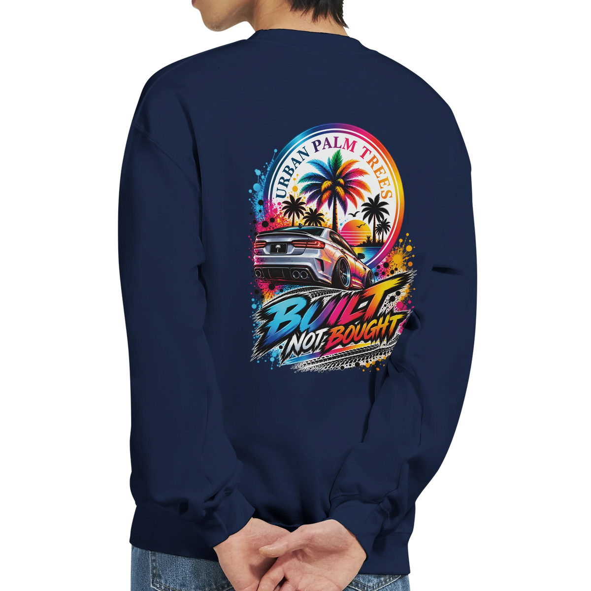 Navy blueBuilt Not Boughtcar sweatshirt back with colorful palm tree sunset graphic and modified muscle car streetwear design.
