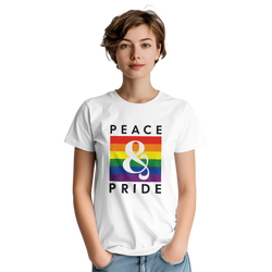 White retro graphic tee featuring a vintage rainbow block with a white ampersand and "Peace & Pride" text.
