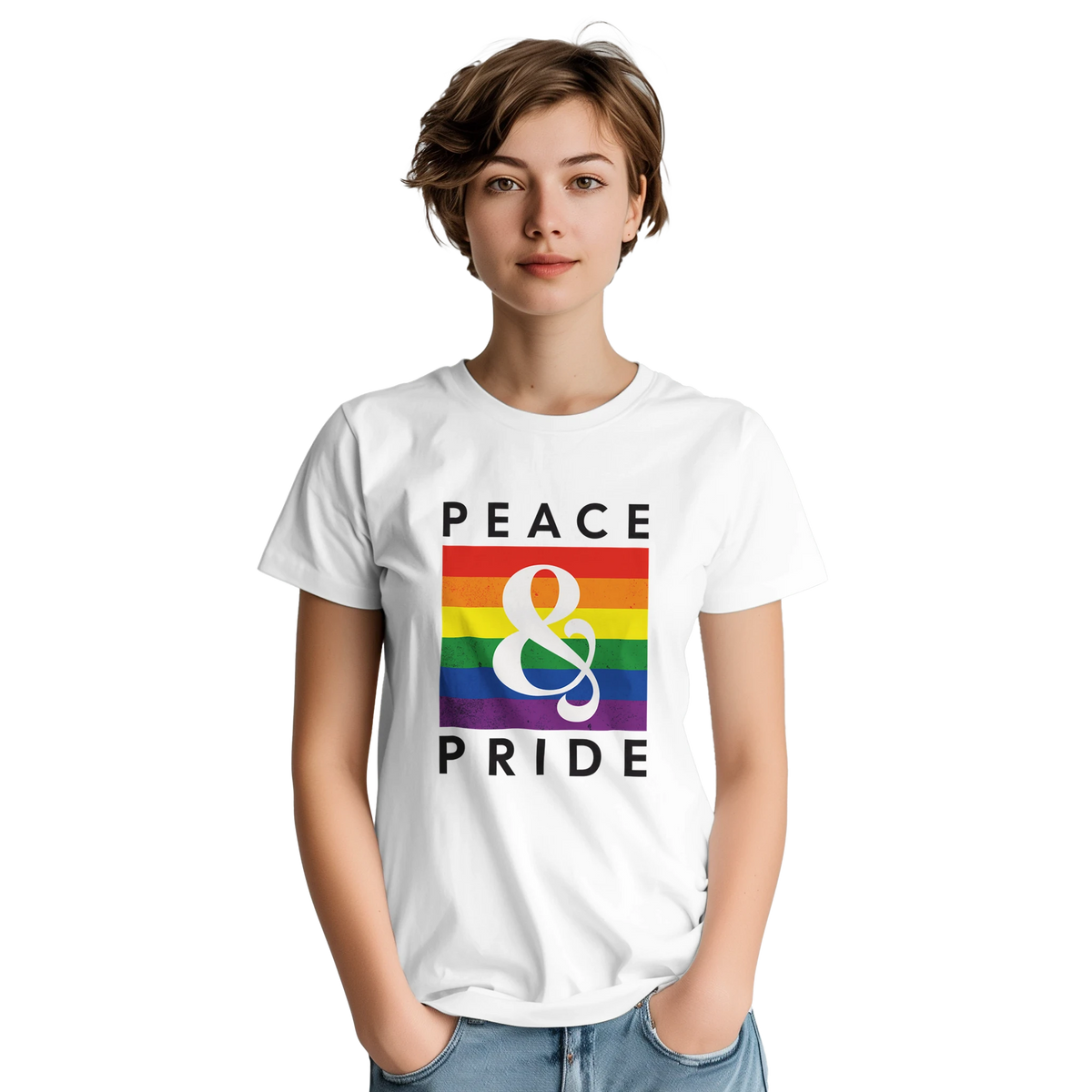 White retro graphic tee featuring a vintage rainbow block with a white ampersand and "Peace & Pride" text.