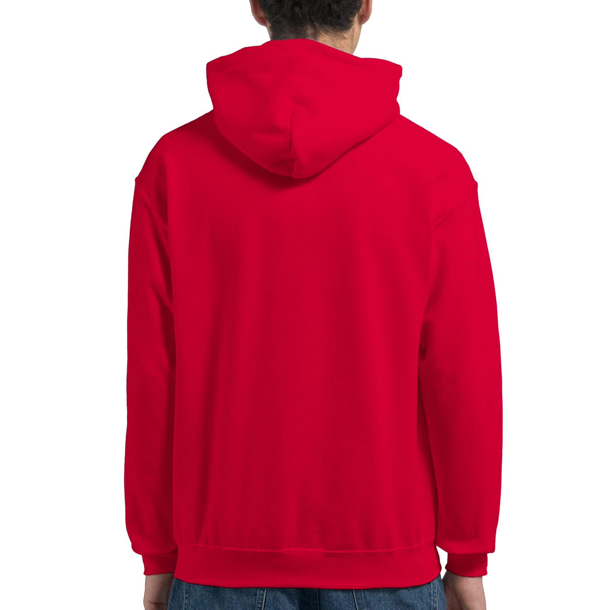 Red men's grizzly bear hoodie worn by a person on a white background. 5
