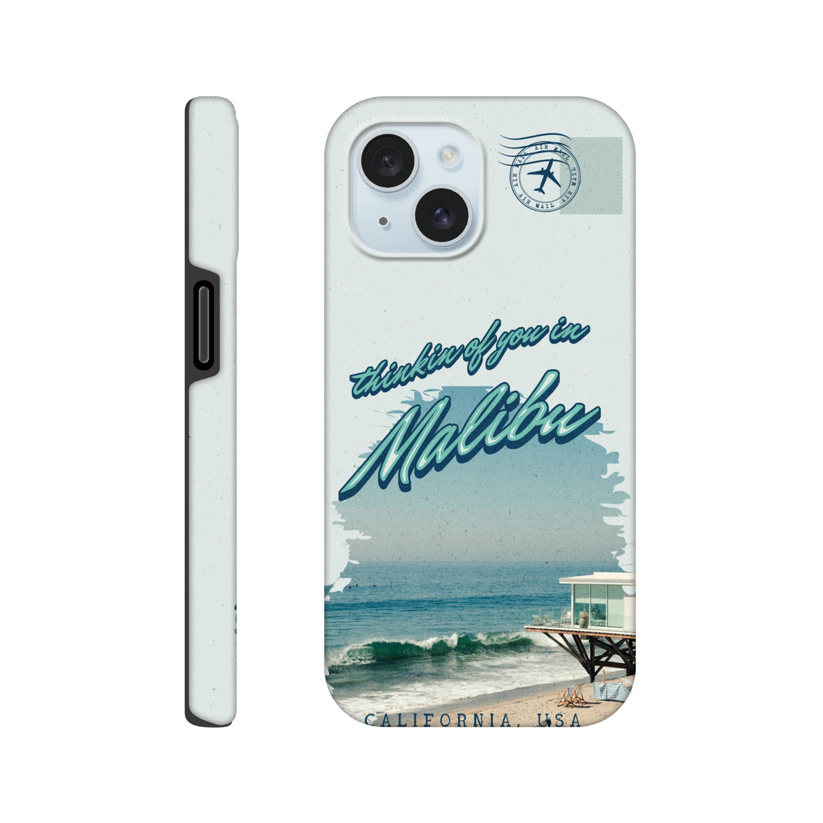 Malibu California Beach tough iPhone case featuring retro "thinkin of you in Malibu" script, Air Mail stamp, and pier graphic for iPhone 13-16.